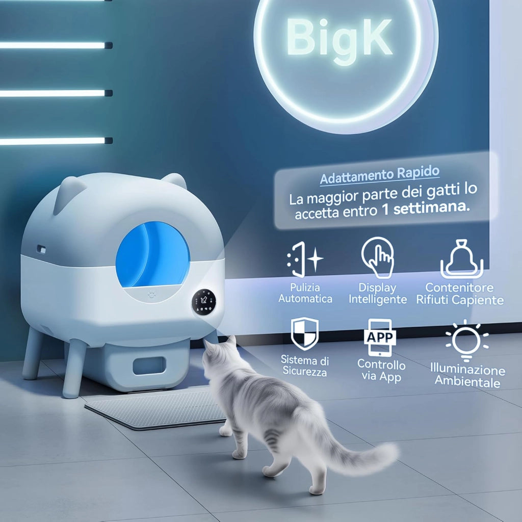 lettiera automatica per gatti, upgrade grande capacità, lettiera autopulente elettrica con controllo APP, adatta per gatti fino a 12 kg, include cat litter gatto con LED 6 colori.