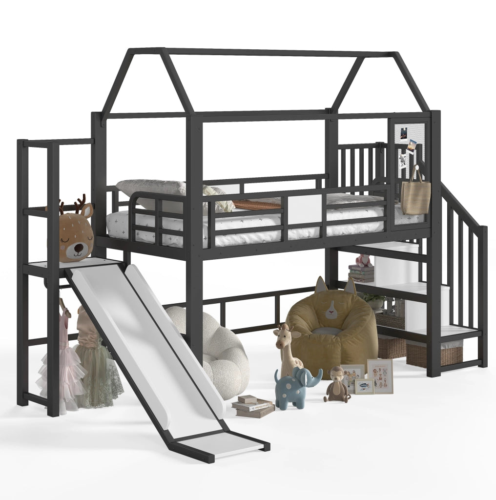 Letto a soppalco per bambini 90x200 cm a casetta con scivolo e LED Bluetooth nero HAVRYA