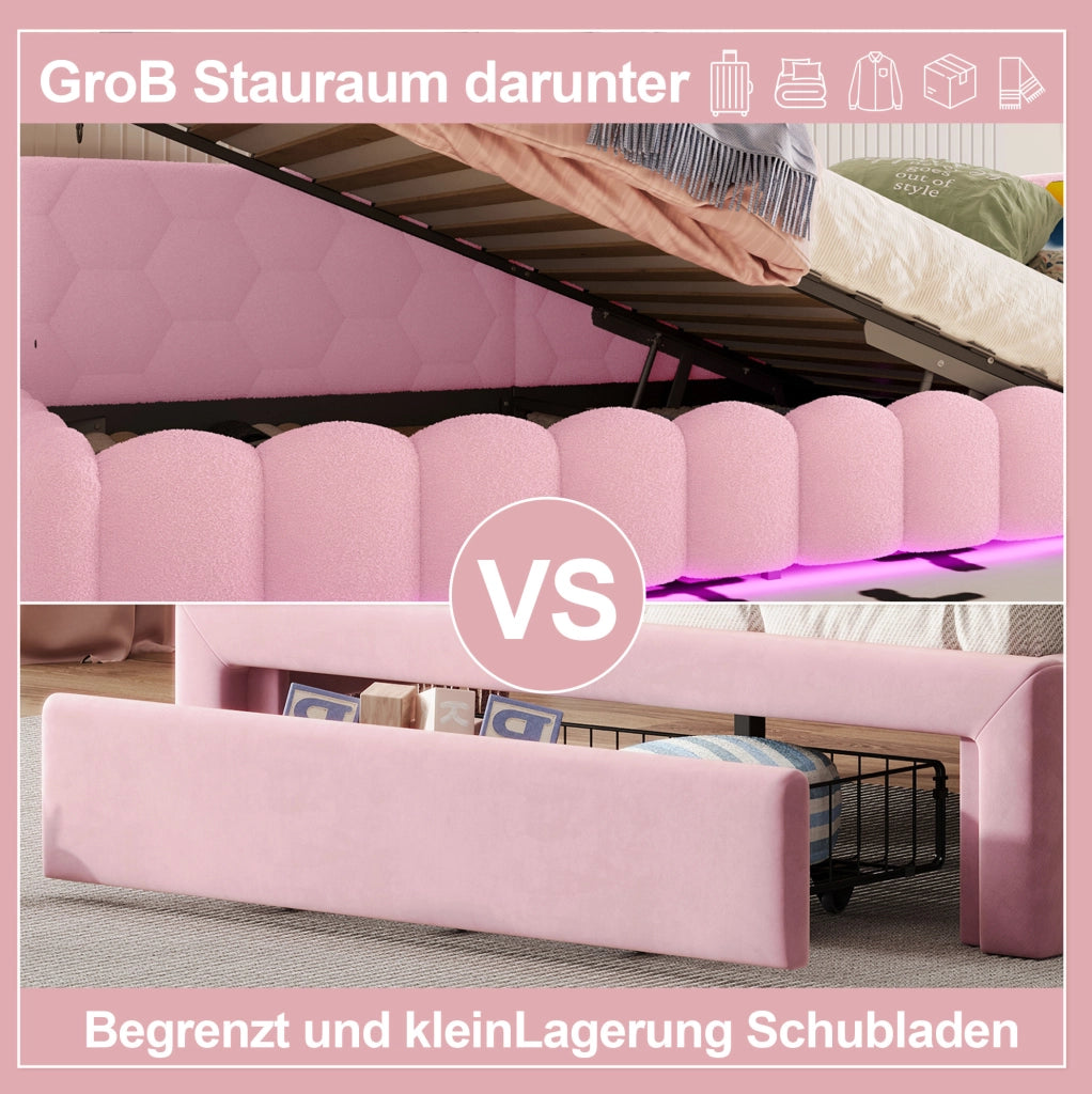 Letto daybed 90x200 cm rosa con LED, USB-C e contenitore