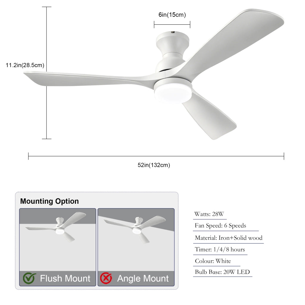 Ventilatore da soffitto con luce LED; 3 pale in legno massello; telecomando; bianco
