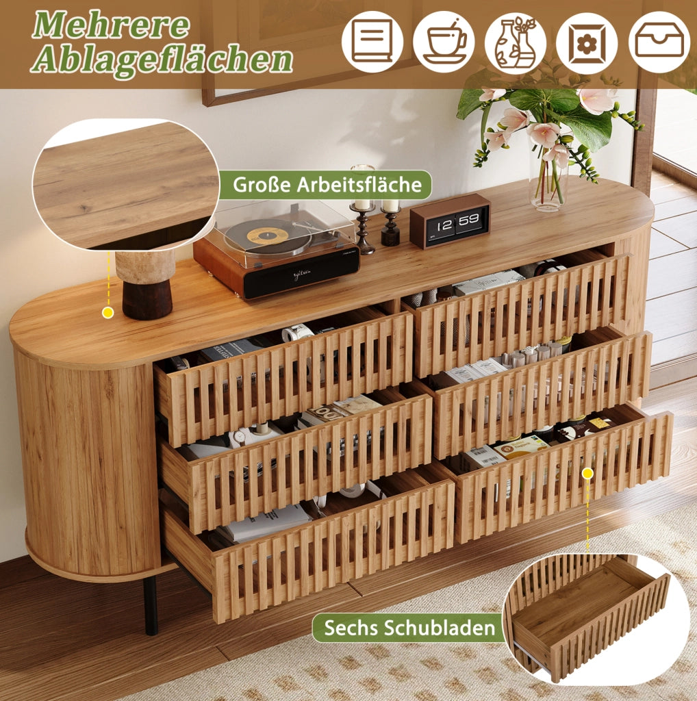 Credenza 160x40x70 cm con 6 cassetti; MDF e gambe in metallo; colore naturale