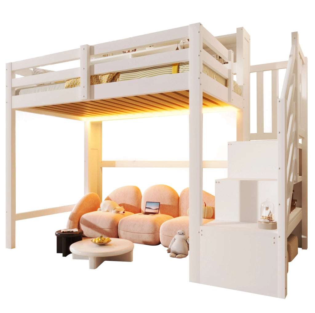 Letto a soppalco 90x200 cm con LED, scala contenitore e ampio spazio inferiore