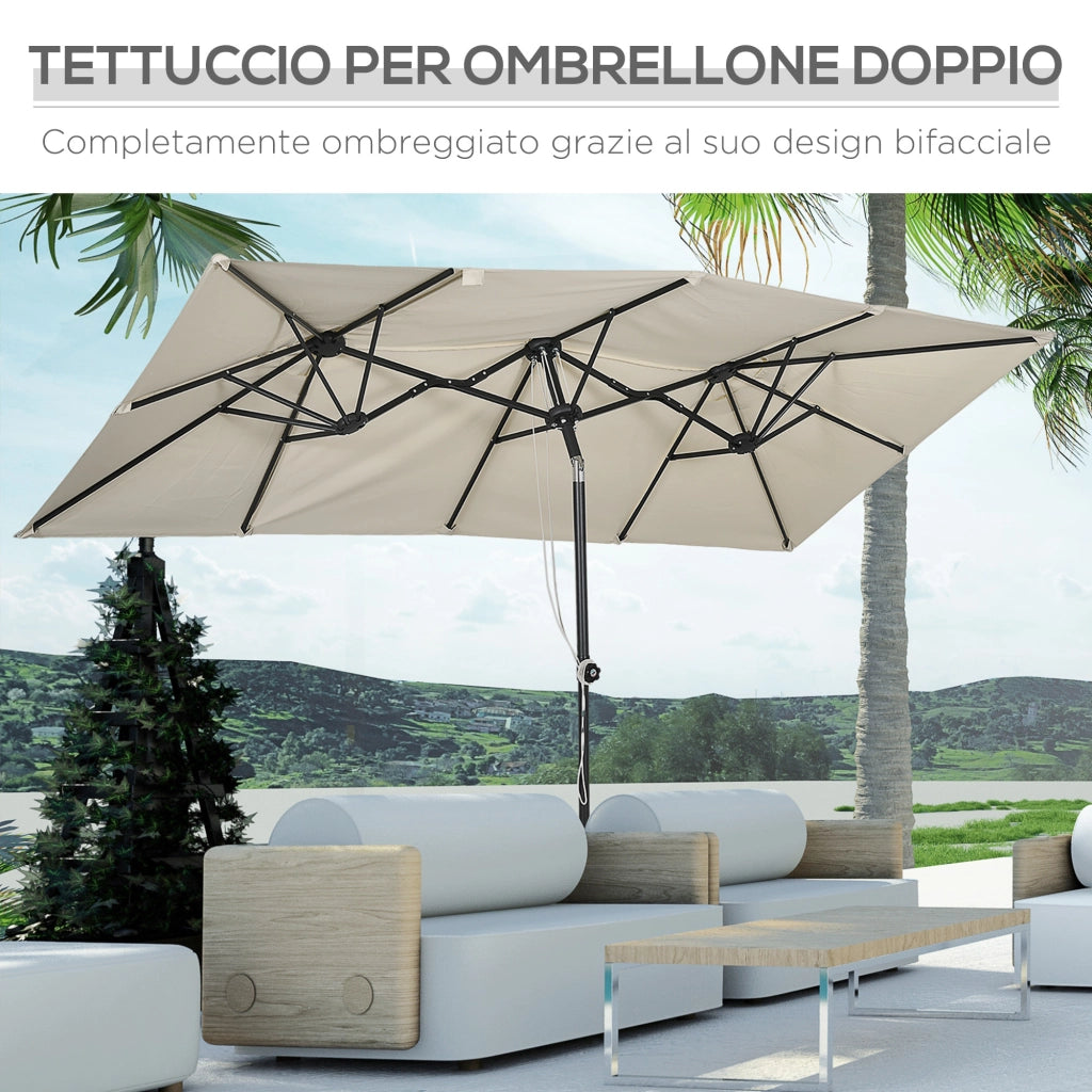 Ombrellone Doppio Inclinabile e Regolabile con Cordicella, in Poliestere e Metallo, 150x295x170-214 cm, Crema