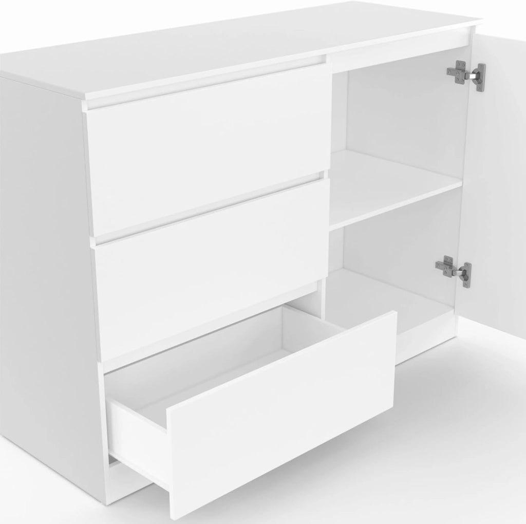 TOMI Cassettone a 3 cassetti + 1 anta 110 cm legno bianco