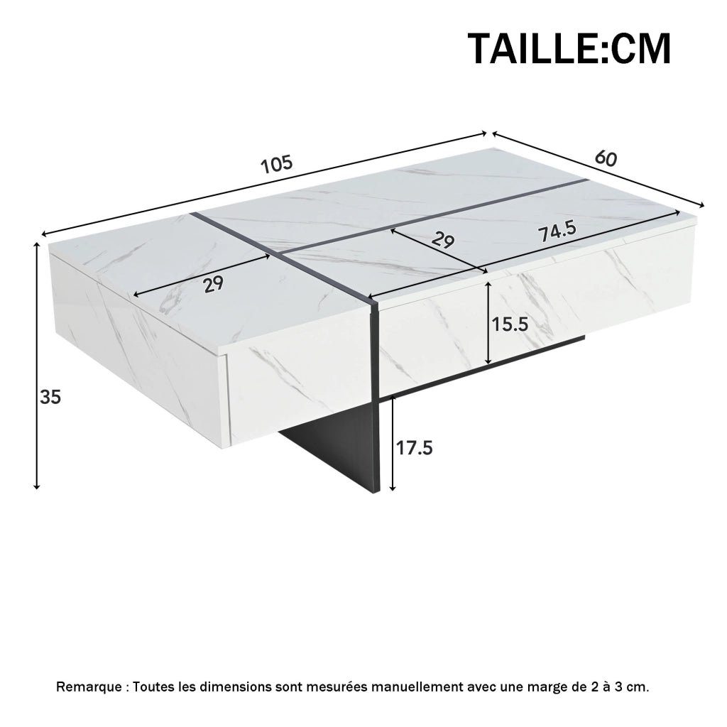 Tavolino da salotto con 3 Cassetti e LED controllato da app; Piano Lucido Effetto Marmo; Soggiorno; 105 × 60 × 35 cm