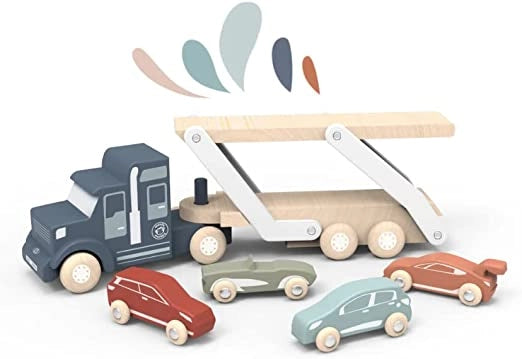 Bisarca giocattolo con macchine in legno Carro attrezzi bisarca in legno Camion bisarca con gru magnetica e auto in legn