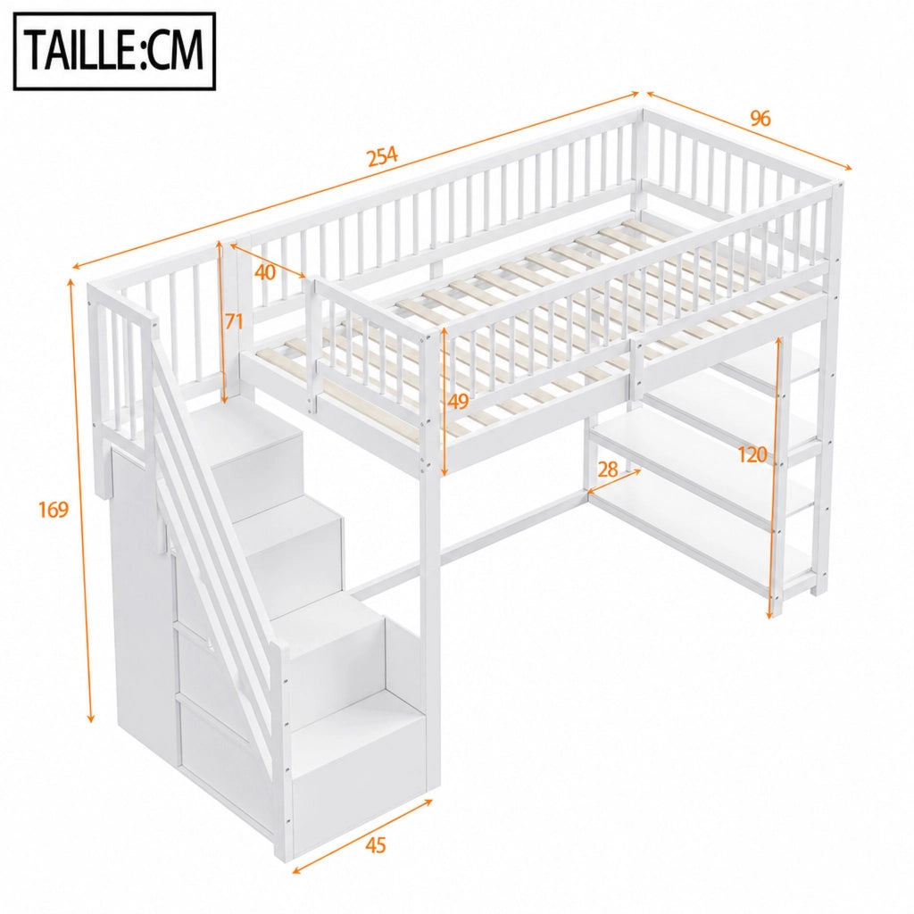DESMIU Letto a soppalco Letto singolo 1 posto con armadio, scaffali e vano contenitore 90 × 200 cm, senza materasso