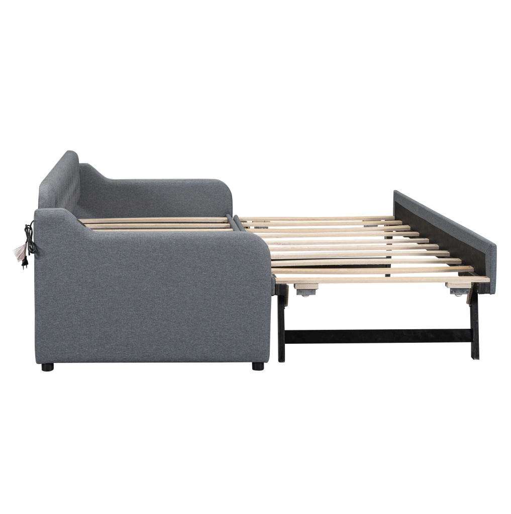 Divano letto estraibile 90x200 cm grigio con presa USB e rete a doghe