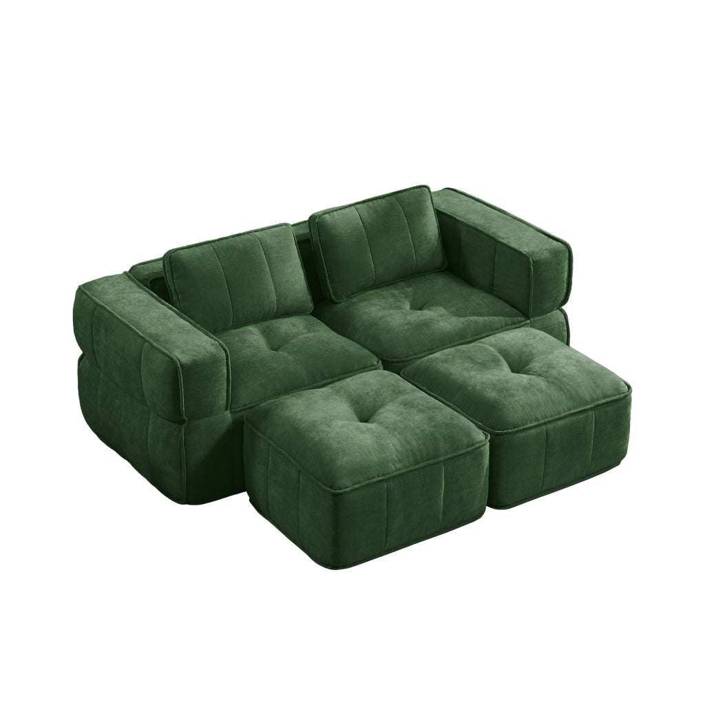 Divano modulare a 2 posti con due pouf e seduta profonda senza struttura portante in poliestere verde 198 × 162 × 67 cm