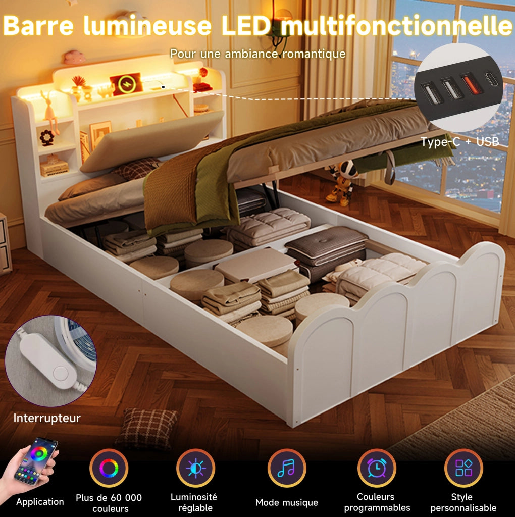 Letto contenitore ULEVR 90x200 cm con LED, USB e USB-C, testiera con vani aperti, bianco