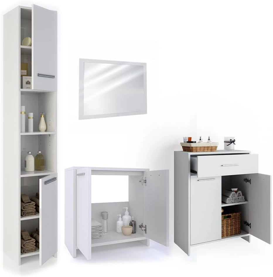 Set mobili bagno Kiko, Bianco, 58 cm, composto da mobile lavabo, pensile a specchio, colonna e base media