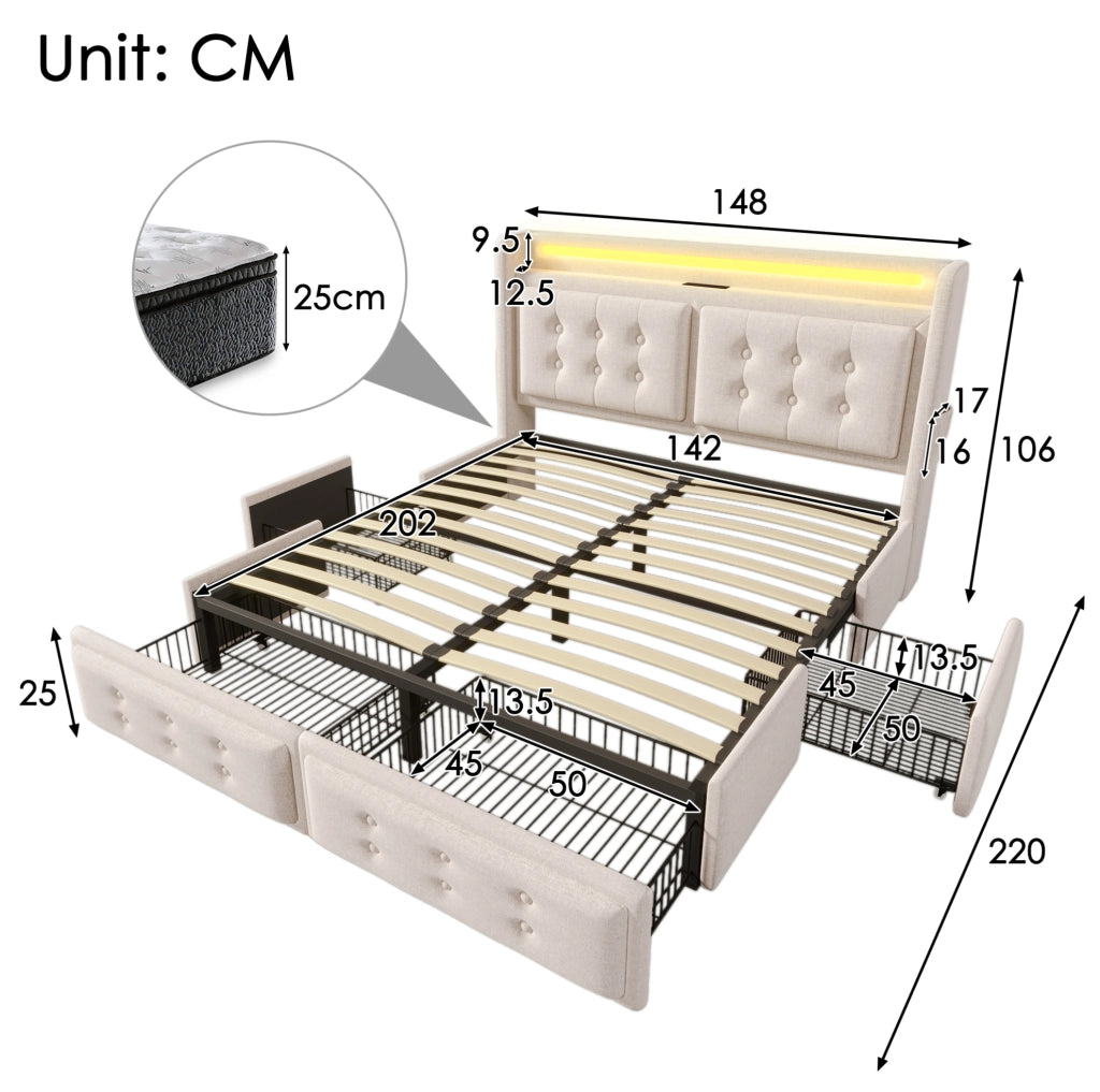Letto contenitore 140x200 cm con LED; USB C; USB e 4 cassetti; beige