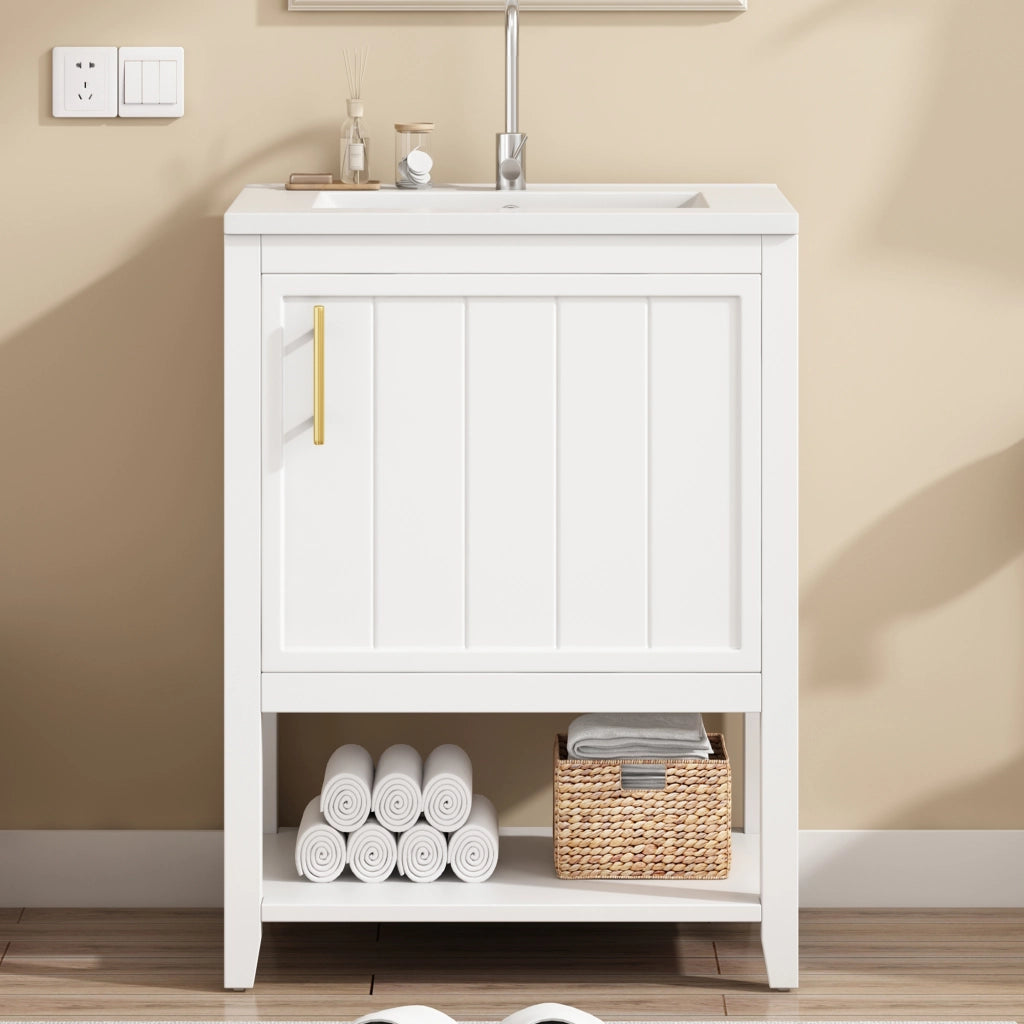 Mobile sottolavabo con lavabo in ceramica; da terra; per bagno; MDF bianco; 61 × 47 × 87 cm