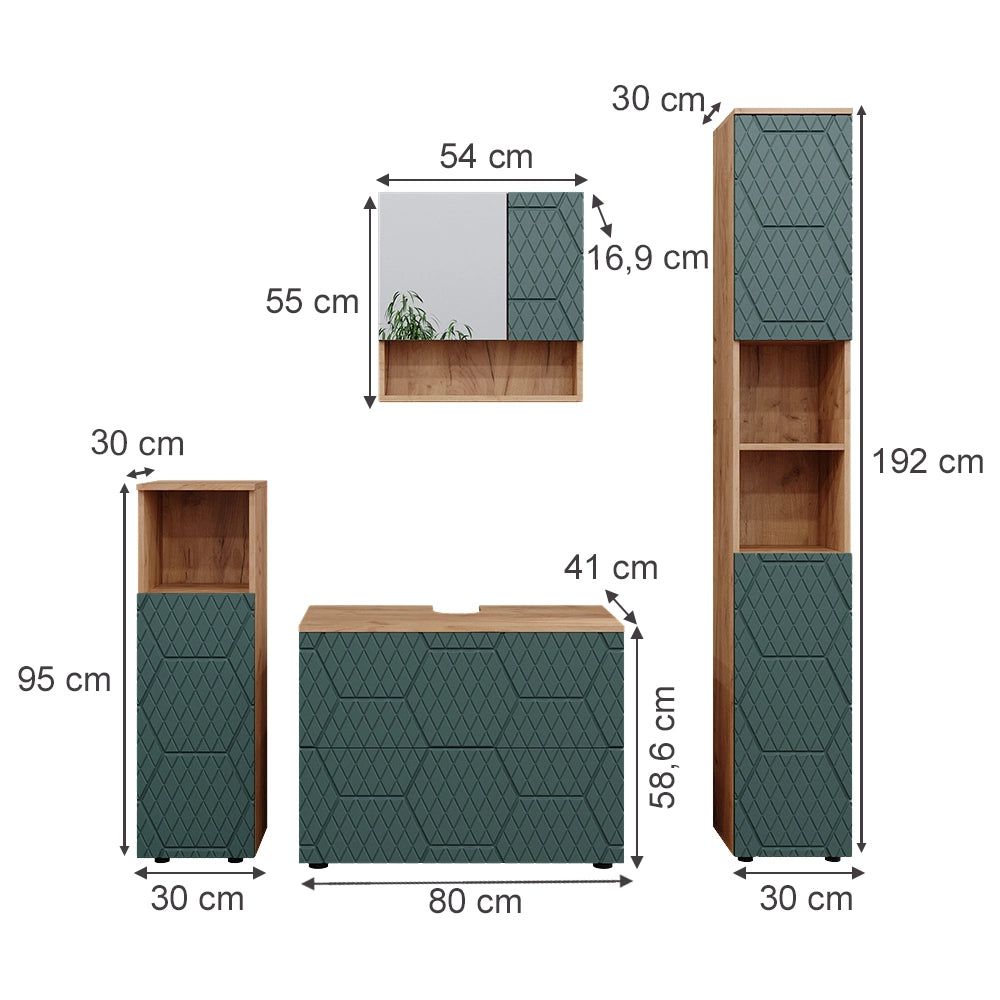 Vicco Set mobili bagno Quercia verde/oro 4 pezzi, con cassettiera e colonna