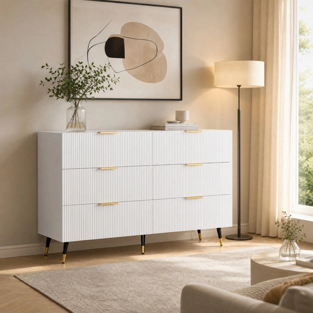 Sideboard bianco e oro con 6 cassetti, design moderno 120x77x40 cm