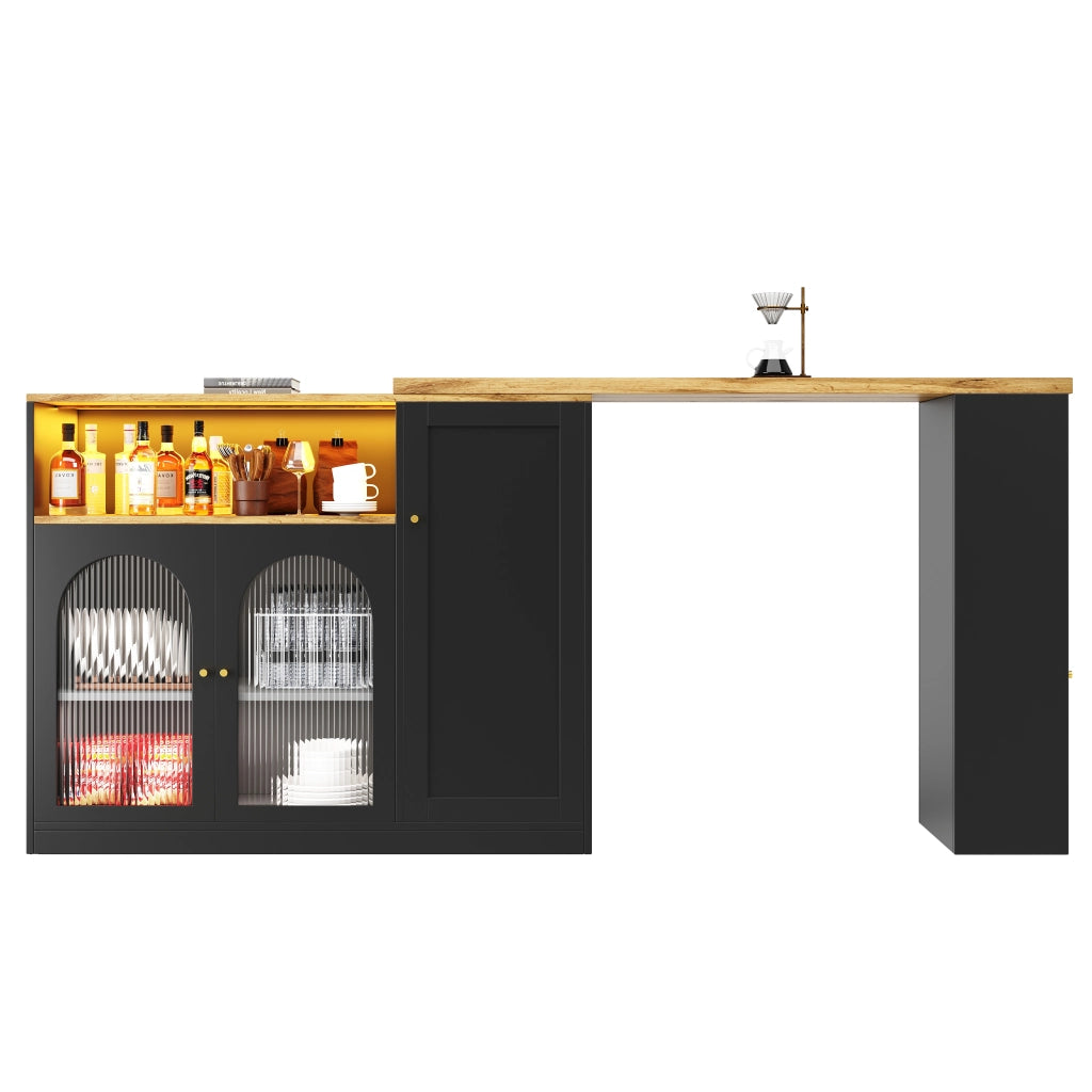 OKWISH Mobile Bar Girevole 360° con Vani Contenitore, Anta in Vetro Cannelato e LED, per Cucina o Sala da Pranzo, MDF, Nero