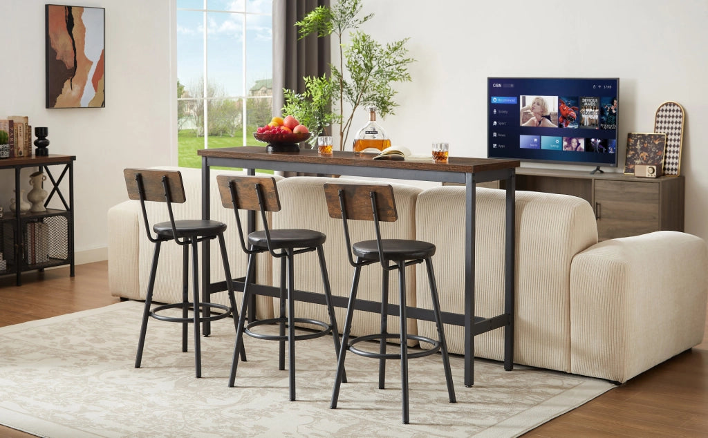 Set tavolo bar 160 cm con 3 sgabelli, marrone rustico e nero