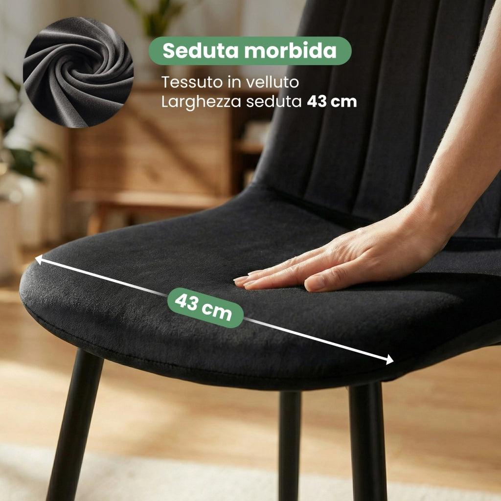 Set di 4 Sedie in velluto trapuntate LUMO Nero gambe nere