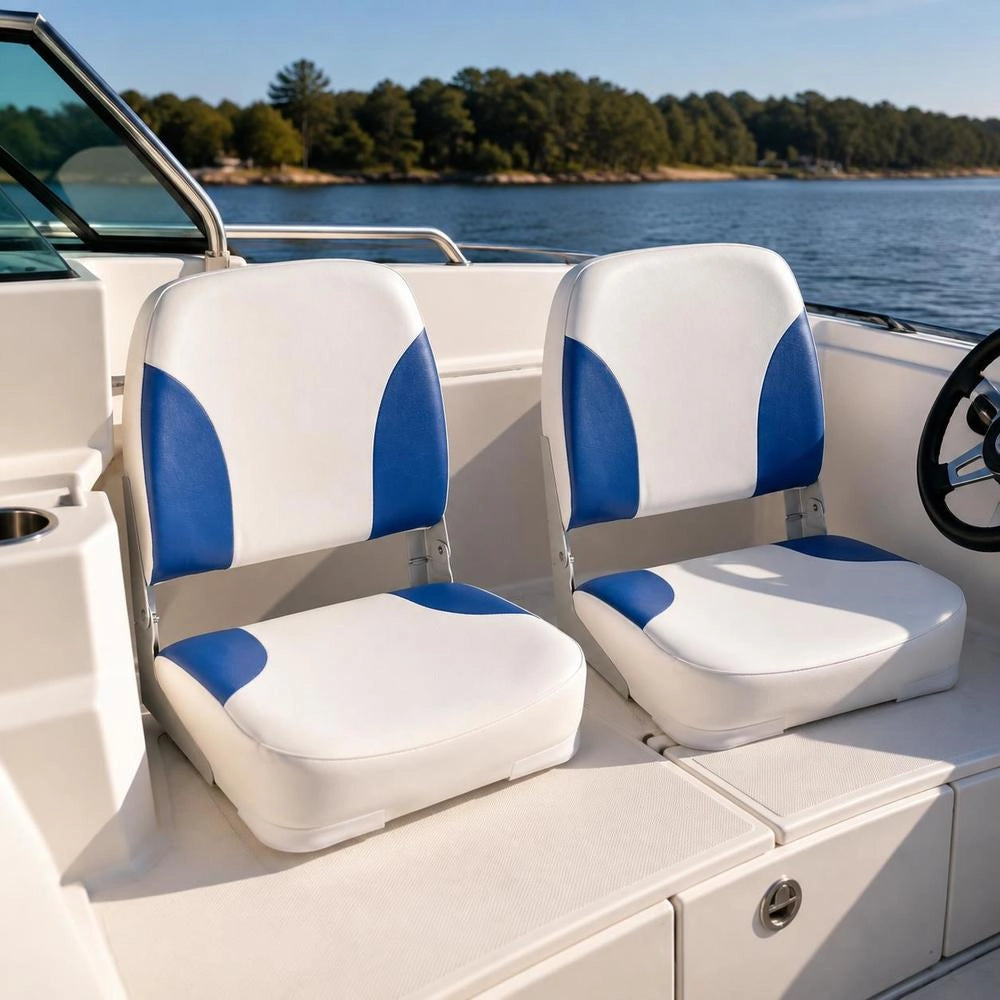 Boat Seats, 2 Pieces. Folding Backrest With Blue And White Cushion.