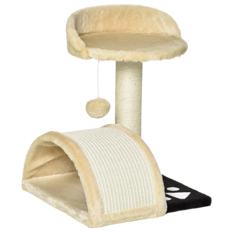 Albero tiragraffi per gatti beige con palline gioco, piattaforme e corde in sisal