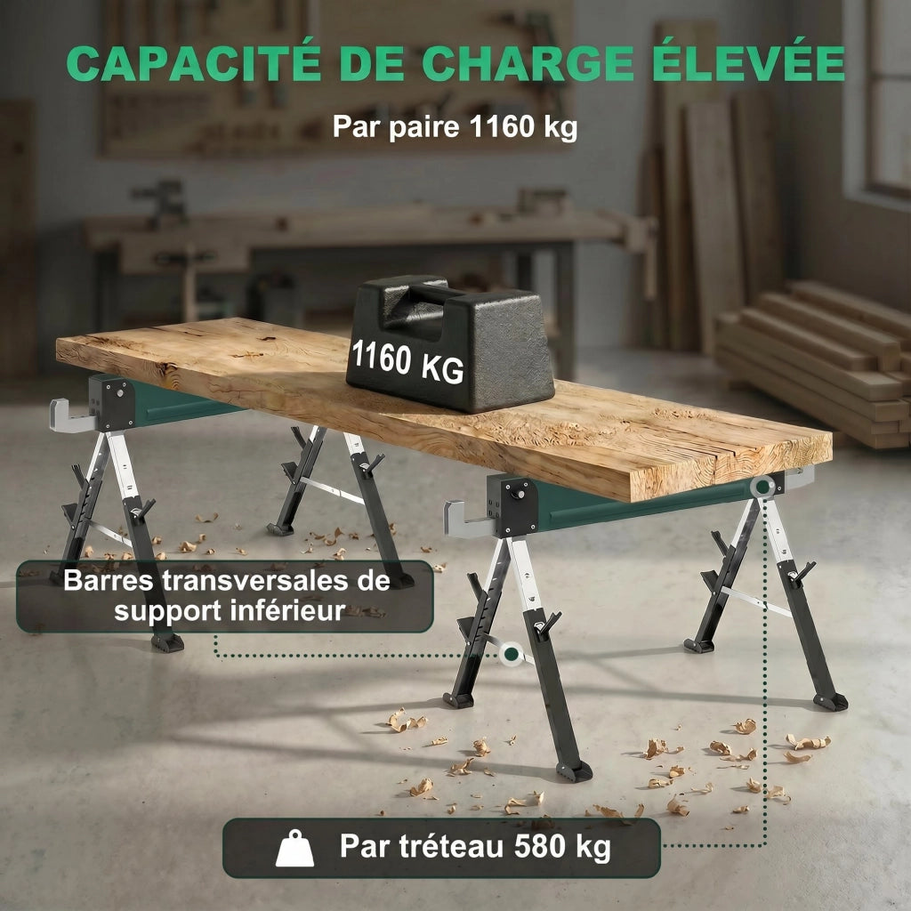 Coppia di Cavalletti Pieghevoli in Metallo ¨C Xylo ¨C Portata 1160kg, Altezza Regolabile 64-81cm, Verde