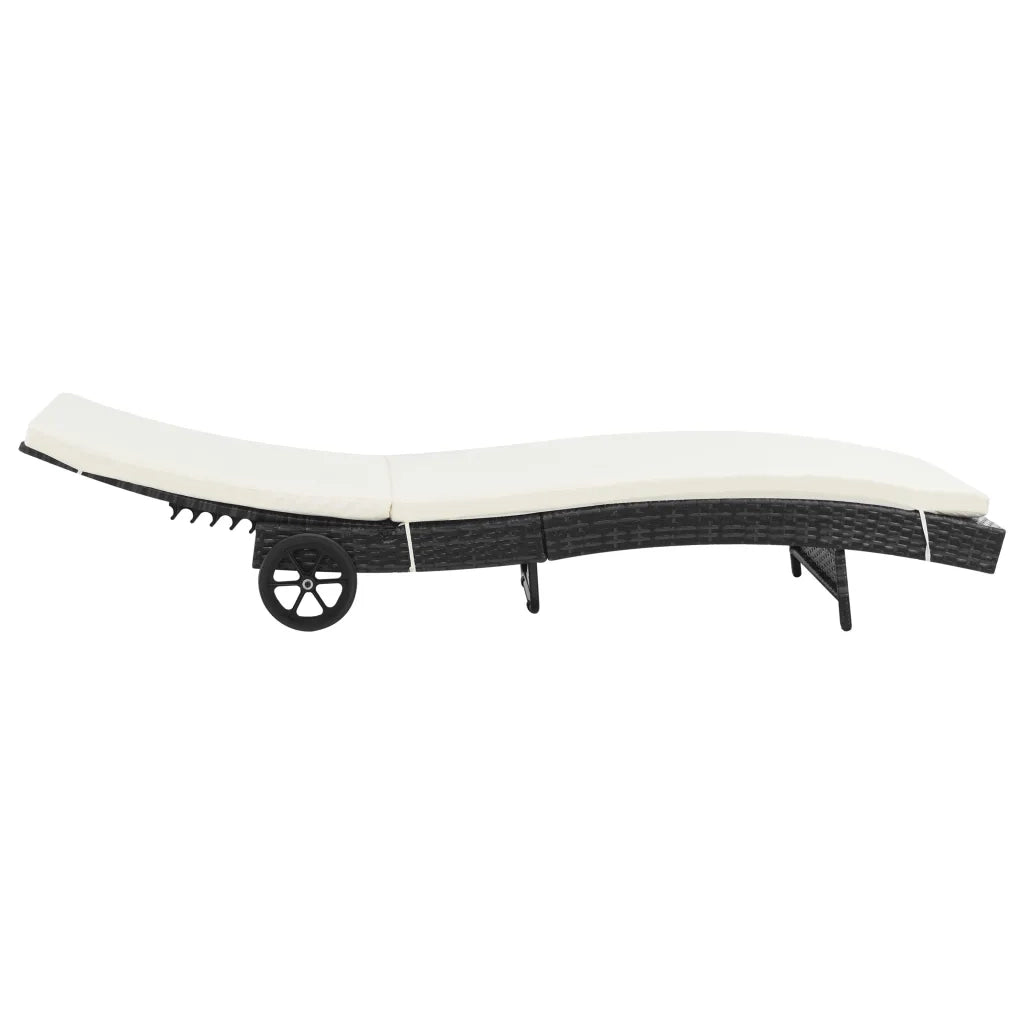 Lettino Prendisole con Ruote e Cuscino in Polyrattan Nero 44454