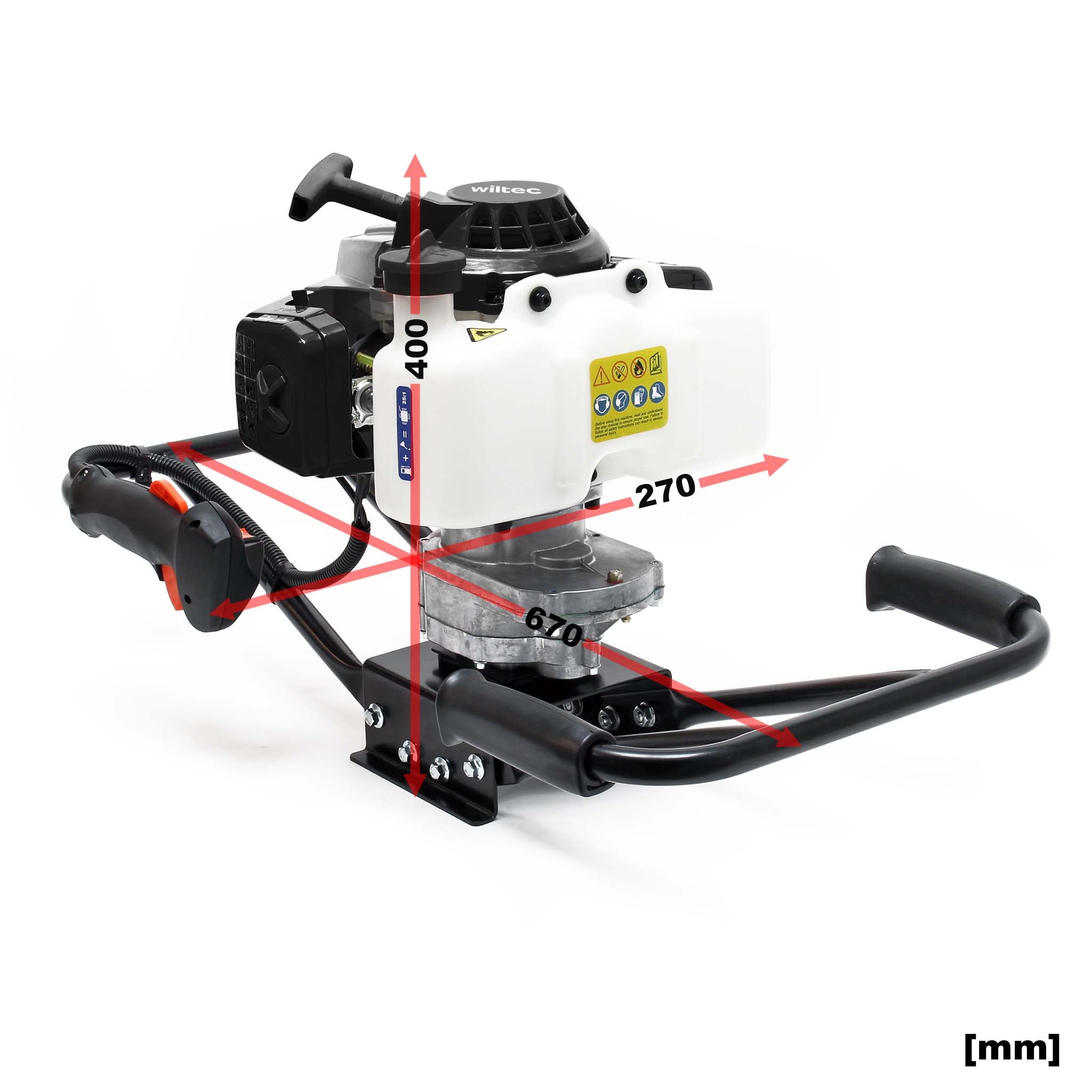 Mototrivella a benzina, motore a 2 tempi di 3 CV e punte elicoidali Ø100mm, 150mm e 200mm, uso 2 persone