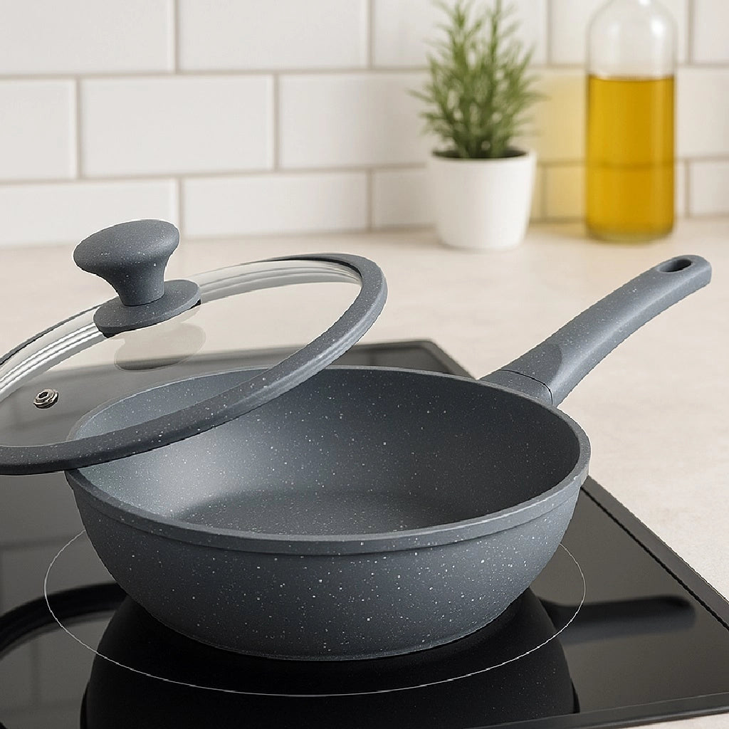 Set Padelle Induzione Pietra Antiaderenti 20/24/28 cm con Coperchi in Vetro Grigio