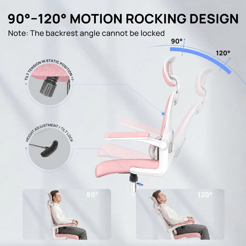 Sedia da ufficio ergonomica - Poltrona HAMLODY - con braccioli pieghevoli a 90° - Supporto lombare - Regolabile in altezza Rosa