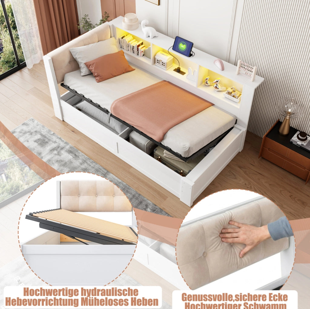 Letto a giorno 90x200 cm con contenitore idraulico, LED e USB
