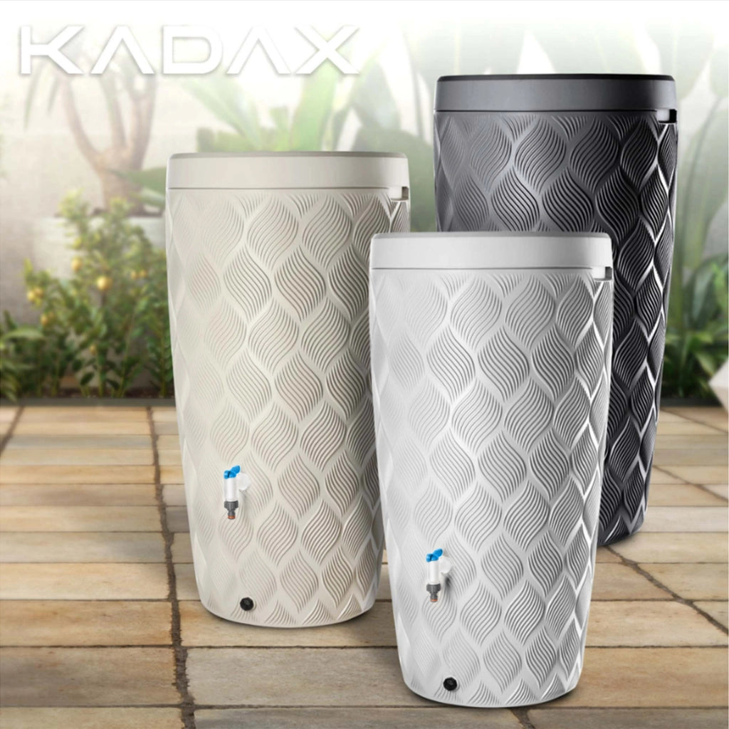 Rubinetto da giardino KADAX con valvola a nipplo da 3/4 per serbatoio dell'acqua piovana, tubo flessibile e cilindro.
