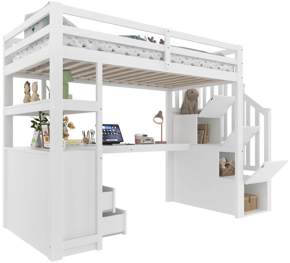 Letto a soppalco con scrivania, cassetti e scaletta contenitore ¨C MINIMAL ¨C 90x200 bianco legno