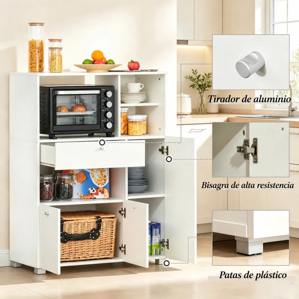 Credenza da cucina 90x40x120 cm bianca in truciolare e alluminio