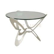 tavolo contemporaneo originale ninfa Argento in Ferro e vetro Diam.65x50hcm