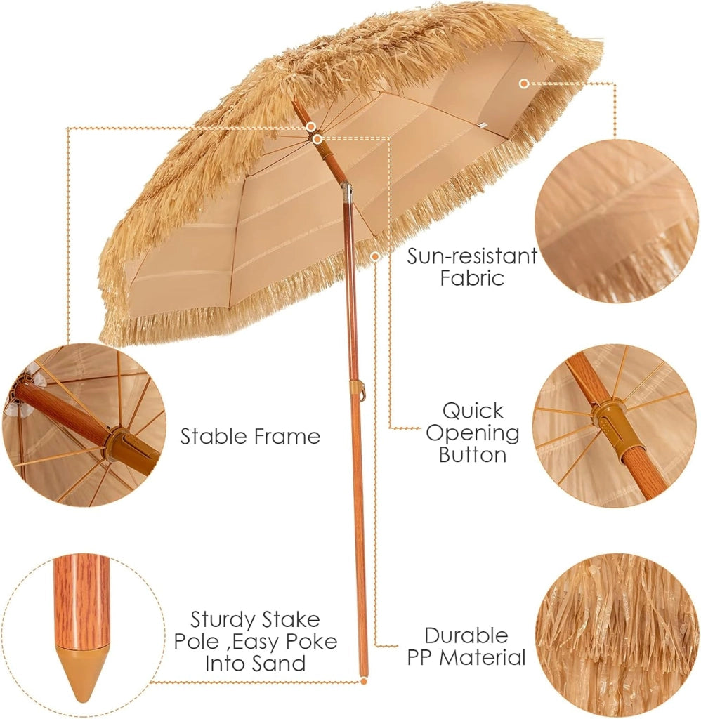 Ombrellone da Spiaggia 200 cm, Parasole Hawaiano, Antivento, Impermeabile, Anti UV, Ombrello in Paglia Pieghevole e Portabile, Ombrello in Rafia per Giardino, Balcone, senza Base, Giallo