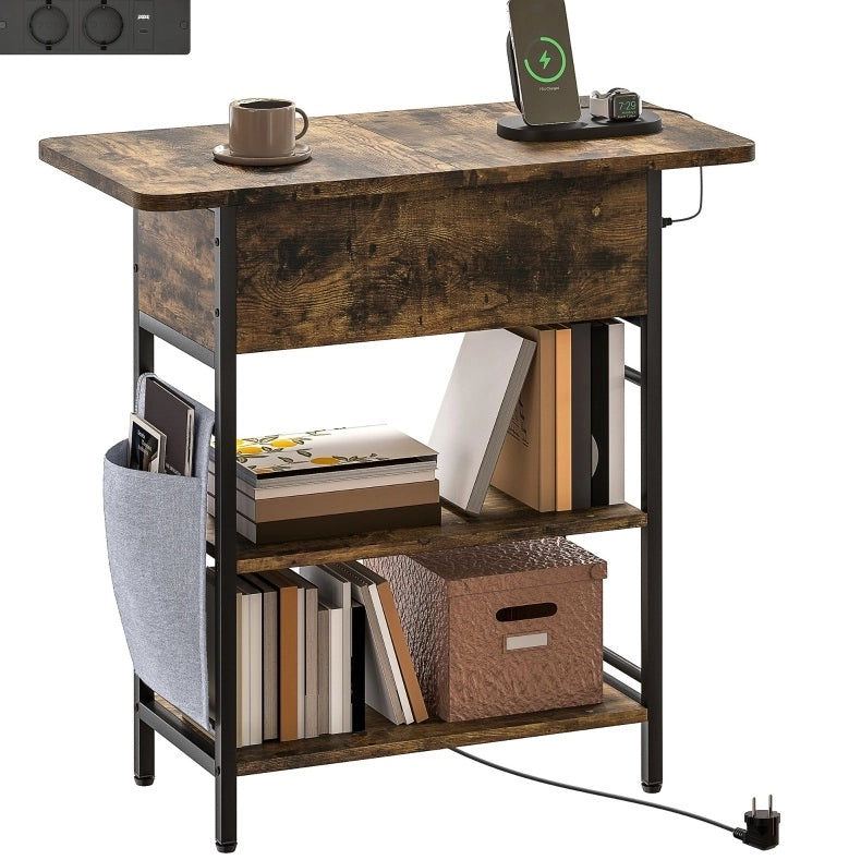Comodino con prese elettriche, USB e vani contenitore, 60 x 29,8 x 58,5 cm
