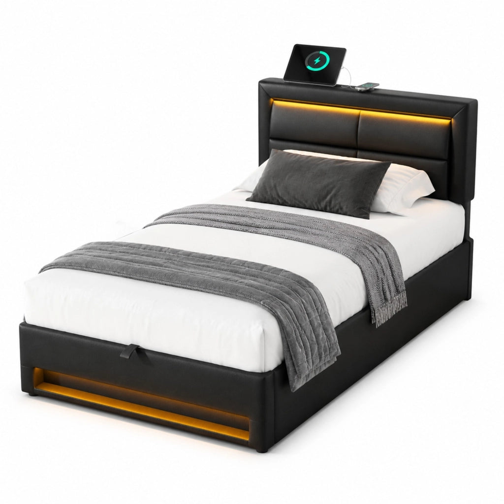 Letto imbottito 90x200 cm in PU nero con USB; LED e contenitore