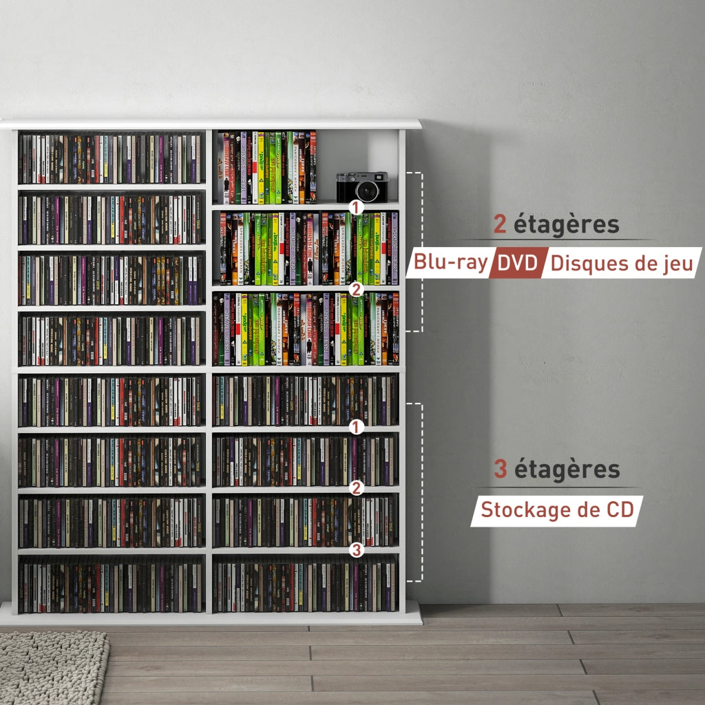 Libreria per CD e DVD con 16 scomparti e 12 ripiani regolabili ¨C zephmum ¨C bianco