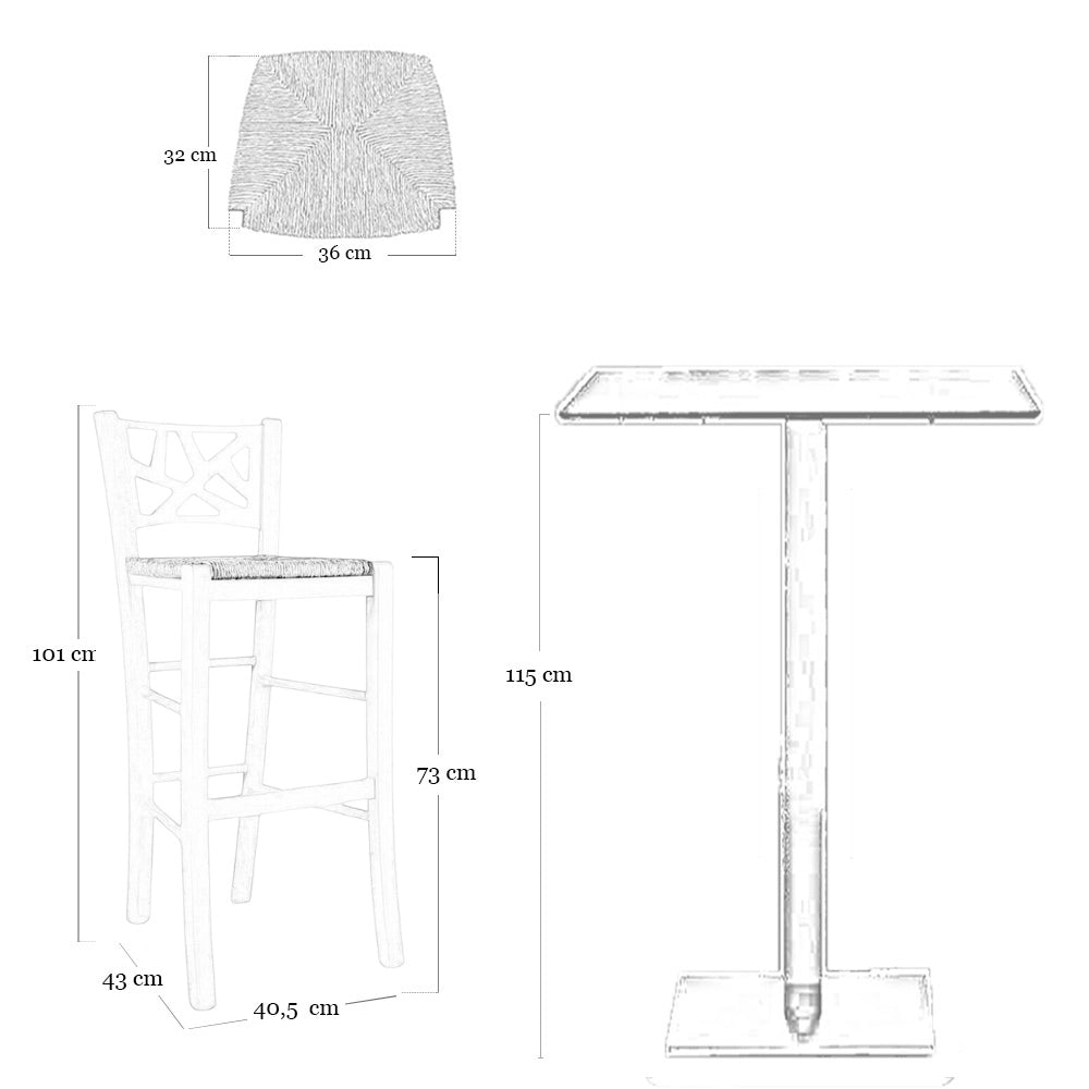 Sgabello alto  bar sissy in legno grezzo da verniciare h 73 con seduta in paglia