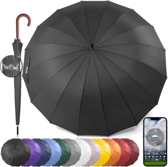 Paraplu XXL Stormvast 54 Pollici - Apertura Automatica - Per 2 Persone - Formato Classico Golf - Design Classico - Manico in Legno - 16 Righelli Resistenti - 120 cm - Nero