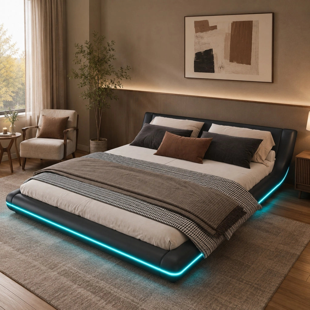Letto a pavimento 160x200 cm in PU nero con LED RGB