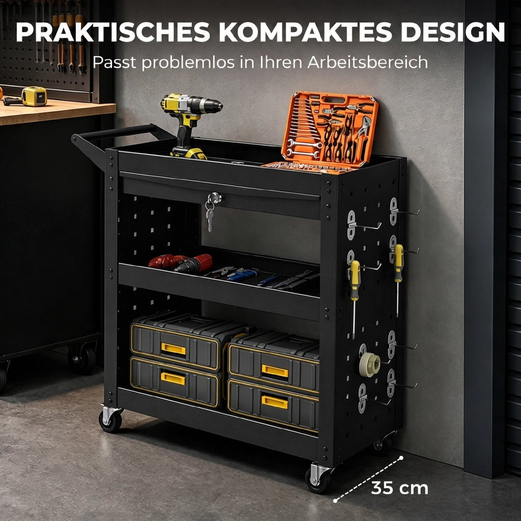 Carrello utensili 3 livelli con cassetto e pannello forato ¨C zephmum ¨C Nero