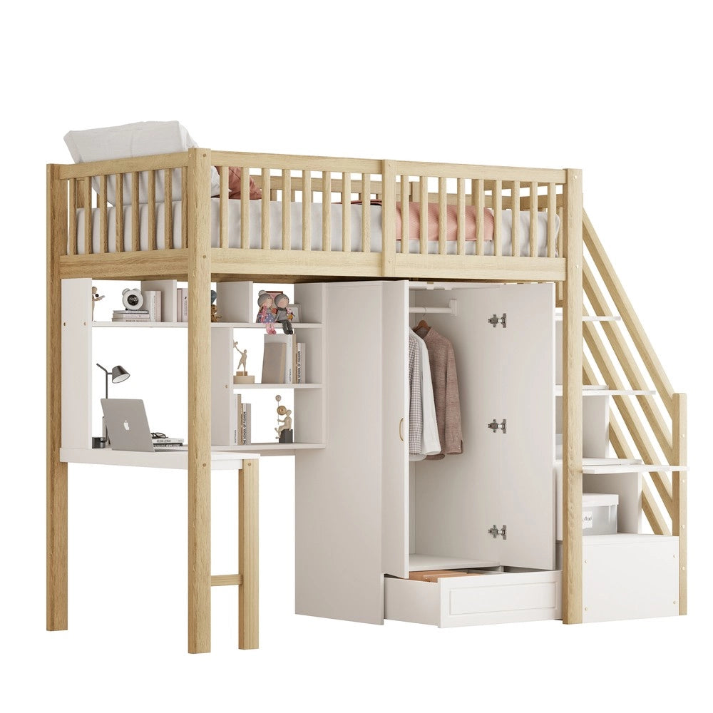 Letto a Soppalco con Armadio, Ripiani e Tavolo ¨C MINIMAL ¨C Legno 90x200