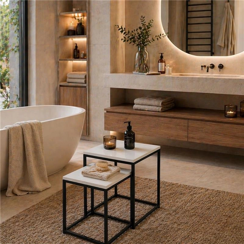 2 TAVOLINI METALLO MELANINA E MDF DIMENSIONI 35X35X45H CM E 40X40X50H CM - COLORE BIANCO LEGNO