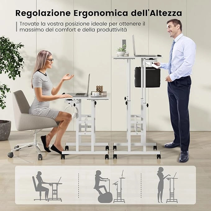 Scrivania per Computer Regolabile in Altezza, Scrivania Salvaspazio con Ruote e Ganci, Tavolo Porta PC per Studio e Ufficio, 60 x 60 x 72-124 cm (Bianco)