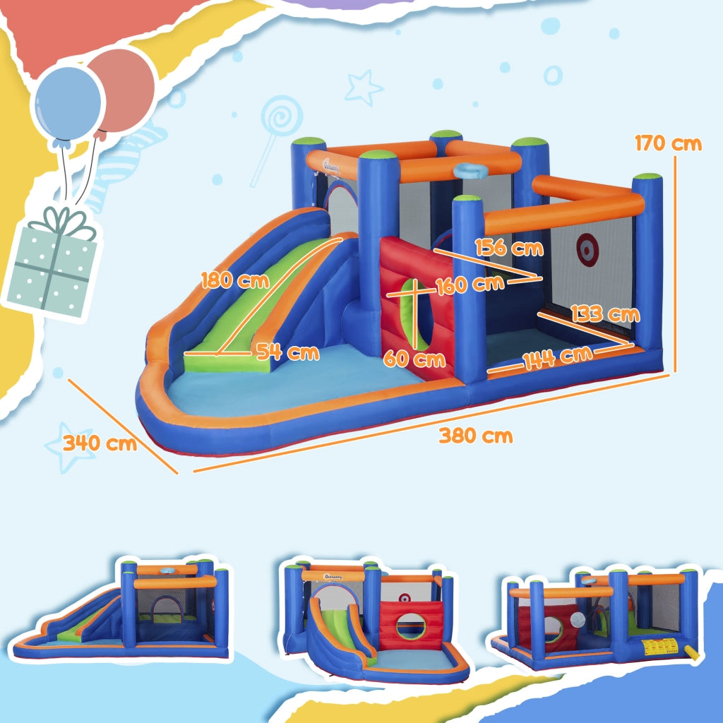 Castello Gonfiabile per Bambini 3-8 Anni con Scivolo, Trampolino e Piscina, 380x340x170cm
