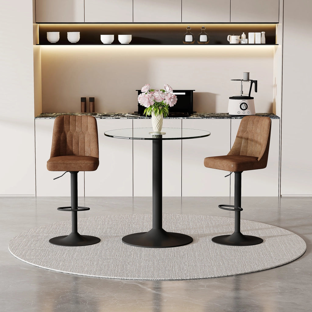 Tavolo da bar rotondo in vetro con 2 sgabelli girevoli, base in metallo nero, per bar e cucina, 89 cm