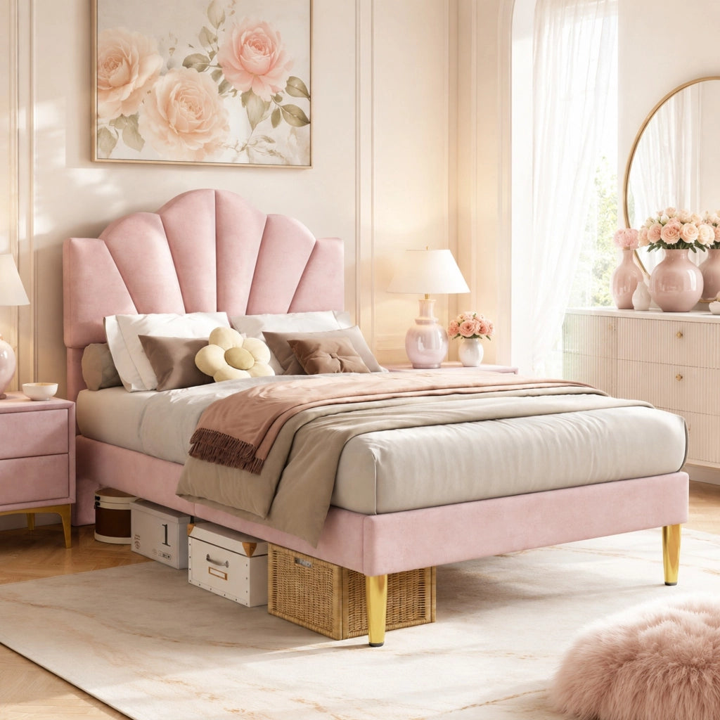 LETTO imbottito 90x200 cm in velluto rosa con testiera regolabile