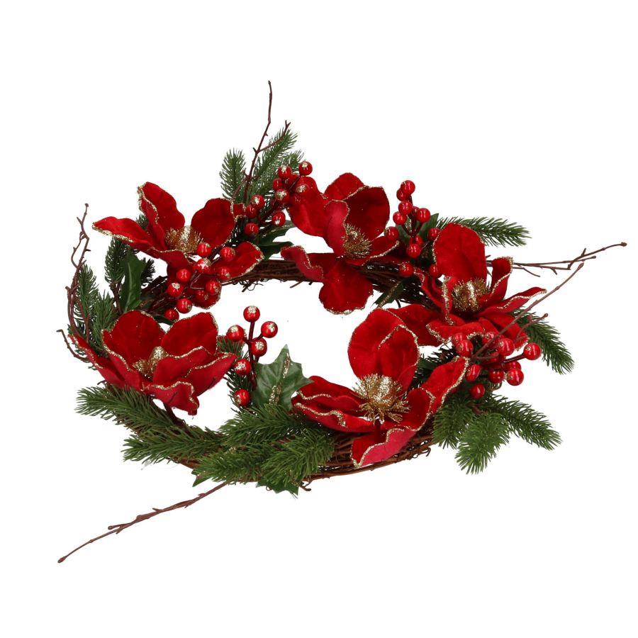 Coroncina fiori bacche rosso oro tondo cm Ø50x40