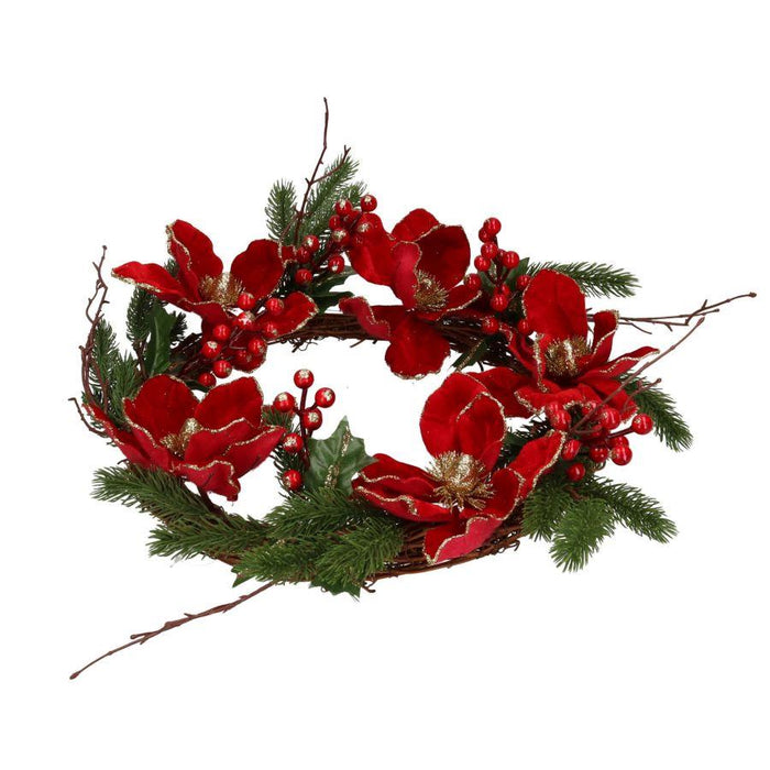 Coroncina fiori bacche rosso oro tondo cm Ø50x40